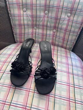 Prima Black Floral-Strap Slide Heels for Women